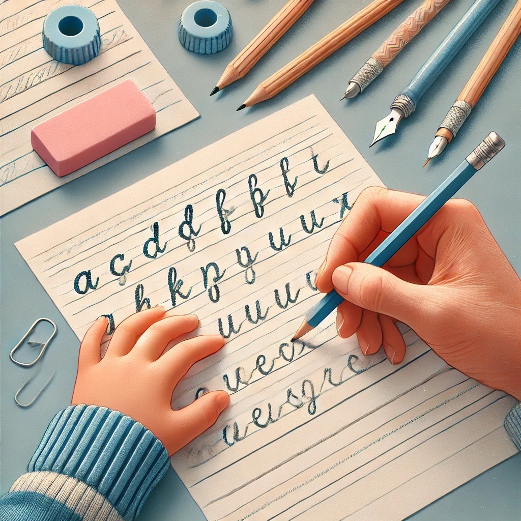 Child struggling with handwriting difficulties in children while writing on lined paper